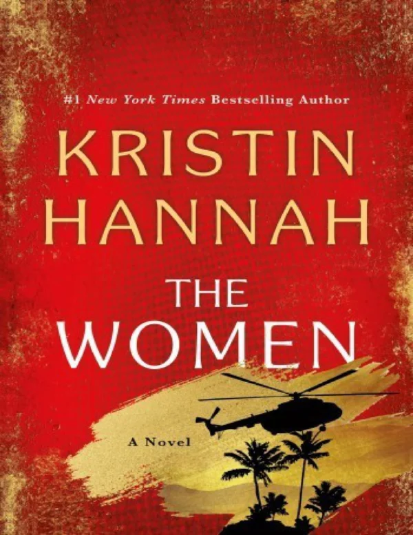 Book cover style illustration for The Women by Kristin Hannah showing a silhouette of an Army nurse in front of a helicopter at sunset